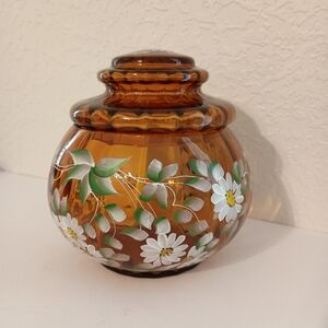 LG WRIGHT Amber Glass Daisy Hand Painted Lidded Candy Jar